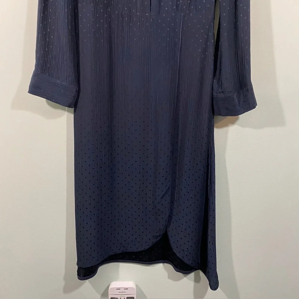 Sandro Paris Navy Swiss Dot Pleated Midi Shirt Dress Scallop Yoke 12 - Picture 11 of 15